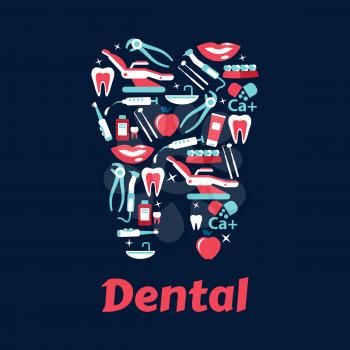 Dentistry flat icons in a shape of a tooth with dentist chairs and instruments, healthy teeth and braces, toothbrushes and toothpastes, mouthwashes and vitamins, apples and smiles