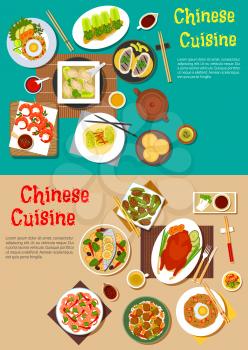 Healthy dinners of chinese cuisine flat icon with traditional peking duck and teriyaki shrimps, grilled and steamed fish with vegetables, noodles and rice topped with eggs and tofu, dumplings and spri