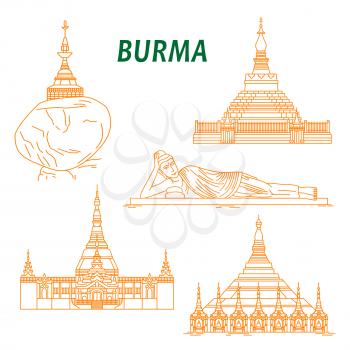 Popular buddhist pilgrimage and tourist sites of Myanmar symbols with Shwezigon Pagoda, Kyaiktiyo Pagoda, Reclining Buddha, Uppatasanti Pagoda and Bagan Temple. Thin line style