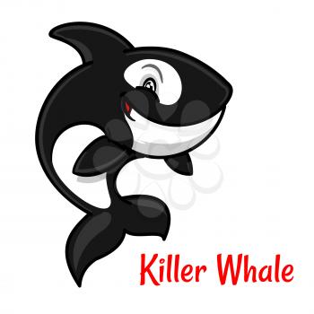 Black and white spotted killer whale cartoon character leaping out the water to breathe. Cute orca with happy smile for zoo mascot or t-shirt print design
