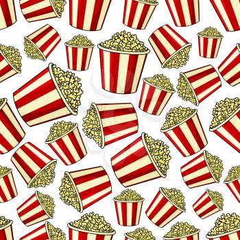 Weekend cinema and entertainment background with cartoon popcorn seamless pattern of traditional takeaway buckets with red and white stripes filled by sweet caramel popcorn