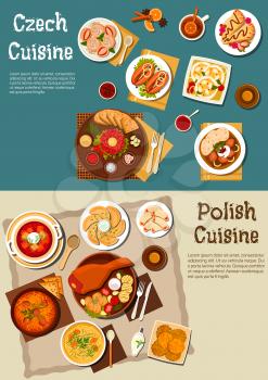 Polish and czech restaurant dinners with beer symbol served with pork leg and grilled vegetables, pickled sausages and cheese, meat stew and steak tartare, bread, strawberry and vegetable dumplings, p