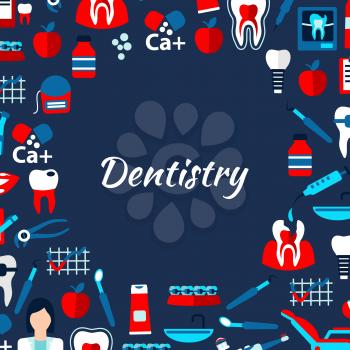Dentistry banner design template with dentist, healthy and decayed teeth, braces and implants, dentist chairs and tools, medicines and vitamins, toothbrushes, toothpastes and flosses flat icons arrang