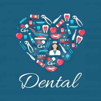 Dental treatments and oral hygiene concept sign with heart symbol consist of dentist with tools and equipments, teeth and braces, syringes and calcium, toothbrushes, toothpastes and mouthwashes flat i
