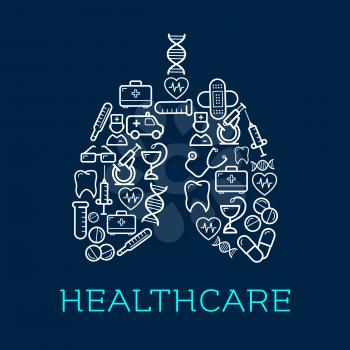 Human lungs symbol created of medical icons for healthcare design usage with doctors and ambulance, thermometers and stethoscopes, pills and syringes, hearts, DNA and teeth, microscopes, test tubes an