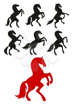 Red and black silhouettes of rearing up and prancing horses. May be use as equestrian club badge or heraldic crest design
