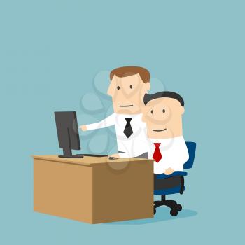Teamwork and assistance business concept design usage. Concentrated cartoon businessman and boss are working together on a project using desktop computer
