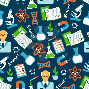 Seamless background of science research and education with flat pattern of scientists, books and microscopes, laboratory flasks and plants, physical and chemical formulas and models of DNA and atom, e