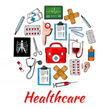 Stethoscope and thermometers, pills and syringe, medical examination forms, breast cancer and hearing tests, first aid kit, medicine bottles, blood and bandages, electrocadiogram and xray scan sketch 