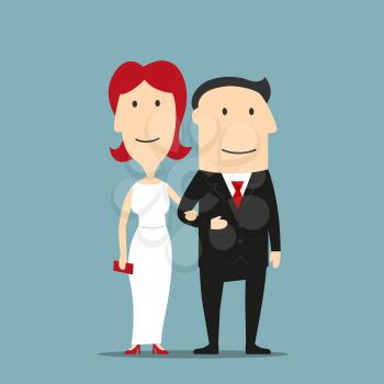 Happy couple of man in black formal suit and redhead woman in white evening dress with red high heels and clutch are standing arm in arm. Romantic date or evening out design usage
