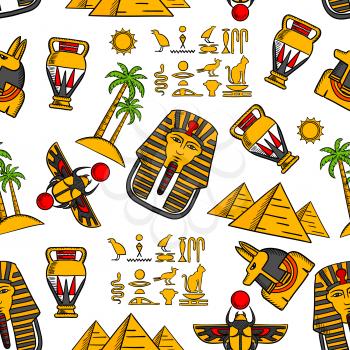Seamless pattern of ancient egyptian hieroglyphics, pharaoh masks and god of death anubis, desert landscape with pyramids, palms and sun, scarab amulets and amphoras on white background
