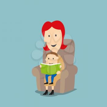 Family reading or story time concept design. Cartoon mother reading to little son a book with fairytale stories