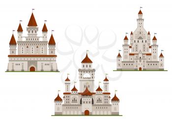 Medieval royal castle or fort, palace or stronghold with towers and archs, gates and flags on spires. Cartoon flat style buildings isolated on white for fairytale, history or childish books design
