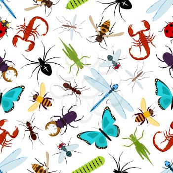 Colorful insect animals seamless pattern. Coccinellidae or ladybug, lady beetle and dragonfly, lucanus cervus and wasp or bee, araneus orb spider and wood ant, grasshopper and stag beetle