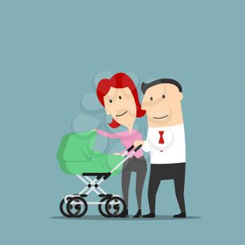 Father and mother smiling over baby carriage or buggy. Dad and mom couple with pram as cartoon characters. Conception of marriage and relationship, parents and child