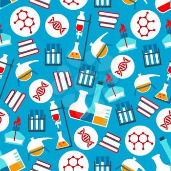 Science and research laboratory seamless pattern on blue background. Test tubes and flasks, dna and chemical formulas, books and burner. Education, science and experiment theme