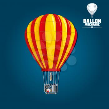 Hot air balloon with stripped envelope isolated on blue. Detailed mechanics of nylon or dacron envelope, parachute vent and burner, fuel tank and its heating process