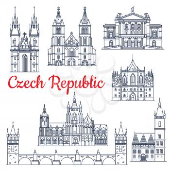 Czech republic thin line travel historical landmarks. Charles bridge on Vltava and Church of mother of God or our Lady before Tyn, metropolitan cathedral of Saints Vitus, Wenceslaus and Adalbert, Prag