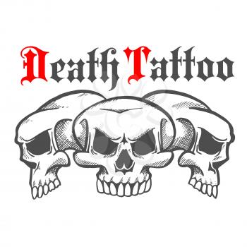 Group of skulls without mandible and naked teeth for death tattoo or mascot logo, halloween emblem. Concept of horror and death, evil and dangerous, marauder and robber. 