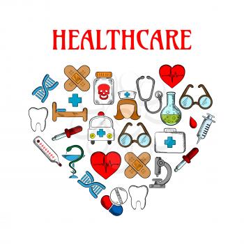 Medical and healthcare equipment icons in form of heart. Nurse or medic, sticking plaster or adhesive bandage, tooth and thermometer, pill or tablet as capsule, stethoscope and first aid kit, ambulanc