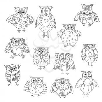 Funny owl silhouettes outline with different feathering pattern on head and wings. Wise birds with amazed or shocked, stunned or astound, cute or wondering look