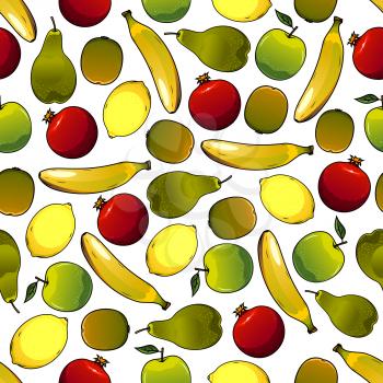 Fruits seamless pattern isolated on white with mature banana and nice looking pear, juicy apple  and ripe lemon, raw garnet or pomegranate. Ingredients for vegetarian salad or meal