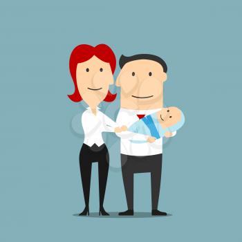 Mother or wife with father or dad who is holding baby or infant. Father and mom couple with pram as cartoon flat characters. Conception of marriage and relationship, parents and child