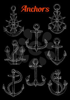 Sketch of stockless, admiralty or fisherman anchors with twined rope and steering ship s or boat s wheel. Can be used as naval or nautical symbol, maritime mascot marine sport design
