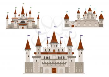 Medieval palaces or royal castles, ancient fort or residential mansion with towers and spires with flags, antique gate. Buildings in cartoon style for history or childish, fairytale books design