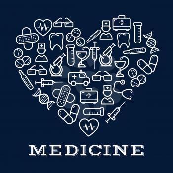 Icons of healthcare or medicine equipment in shape of heart.  Stethoscope or DNA, doctor or medic, pipette or dropper, tablet or pill, first aid kit and ambulance, adhesive bandage or plaster and syri