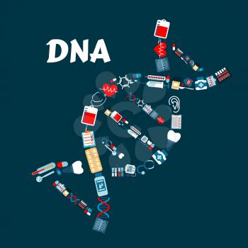 DNA or deoxyribonucleic acid formed of healthcare or medicine icons. Radiograph or roentgenogram, syringe and heart with pulse or cardiogram, sphygmomanometer and molecule, blood pack and dental impla