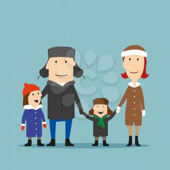 Happy smiling cartoon family in winter wear spending time together on a walk. Parents and children enjoying family time in winter holidays or weekends. Family outdoor activity, happy family time conce