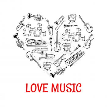 Drum, guitar, saxophone, trumpet, trombone, clarinet, violin and synthesizer sketch icons creating a silhouette of a heart. Love Music concept or classic orchestra concert design