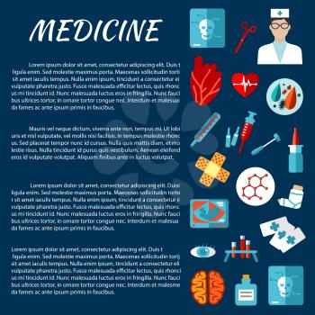 General medicine template for medical examination concept design with flat icons of thermometer, syringe, doctor, heart, medicine bottle, test tube, tool, brain, eye, x-ray, ultrasound, plaster