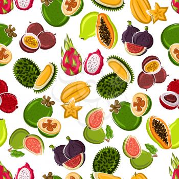 Bright cartoon exotic fruits background for kitchen interior or food packaging design usage with seamless pattern of carambola, lychee, passion fruits and feijoa, papaya, figs, dragon fruits, guavas a