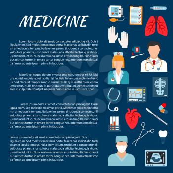 Healthcare design template with flat icons of doctor, surgeon, nurse, stethoscope, thermometer, surgical tool, heart, lungs, pill, test tube, blood pressure, ecg monitor x-ray ultrasound scan