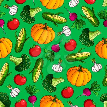 Ripe vegetables seamless pattern of sweet corn and orange pumpkin, juicy red tomato and radish, healthful green broccoli and garlic on bright green background. Agriculture theme design
