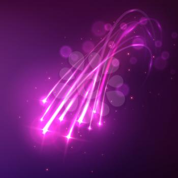 Shooting stars with curved twinkling trail on deep violet background with shine of distant stars. Christmas background, astronomy and space theme design