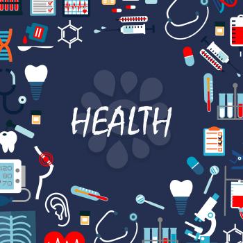 Annual medical check up background with flat symbols of stethoscopes, thermometers, microscope and syringes, medicines, pills, blood bags and test tubes, hearts, teeth, hearing and breast cancer tests
