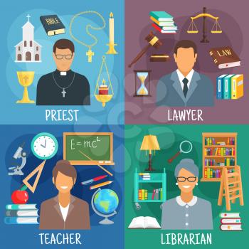 Teacher, lawyer, librarian and priest professions icons with classroom with school supplies, reading room with bookcases, church with bible and cross, courtroom with scales, law book and gavel