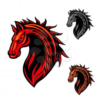 Tribal horse head icon with bright red curling ornaments of fire flames. May be use as race horse symbol, sporting team mascot or t-shirt print design