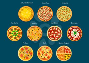 Different types of pizza flat icon with marinara, margherita, napoletana, veronese, sicilian, pugliese, capricciosa, italian tuna, quatre fromage and four seasons