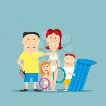 Happy parents with daughter and son in swimwear with inflatable swim rings and float on summer vacation. Family summer vacation, weekend getaway or travel concept design. Cartoon style