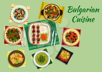 Traditional national dishes of bulgarian cuisine with lamb kebab and vegetables, cabbage rolls sarmi and pork with prunes, cabbage soup, lamb and vegetable casserole guvech, spicy vegetable and meat s