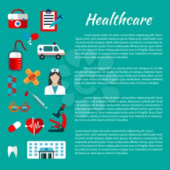 Healthcare and hospital poster design template with flat icons of doctor, ambulance, aid kit, hospital building, blood bag, heart, tooth, microscope, capsules, syringe, DNA helices, plaster glasses
