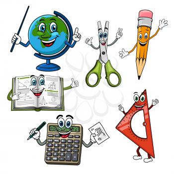 Cartoon book giving thumb up, globe with pointer, calculator with pen, scissors, pencil and ruler waving hands. Friendly smiling school supplies characters for education theme design