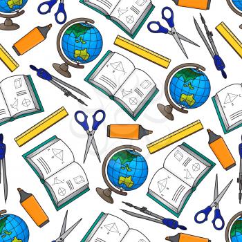 Seamless background of back to school supplies with cartoon pattern of globes, schoolbooks with geometric figures, rulers, scissors, compasses and yellow highlighters. Great for education and knowledg