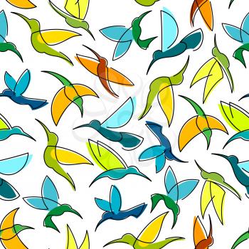 Flying hummingbirds seamless pattern with colorful silhouettes of tropical birds randomly scattered over white background. Tropical nature theme or interior design