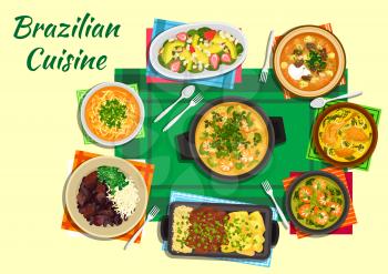 Traditional brazilian seafood and black bean stews flat icon served with tomato beef and spicy lentil soups, thick shrimp and duck soups with tucupi broth, grilled meat with yuca fries and rice and fr