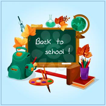 Classroom blackboard, decorated by orange autumnal leaves with book, pencil, ruler, backpack with school supplies, globe, palette with paintbrush, laboratory flask and compasses. Back to school design